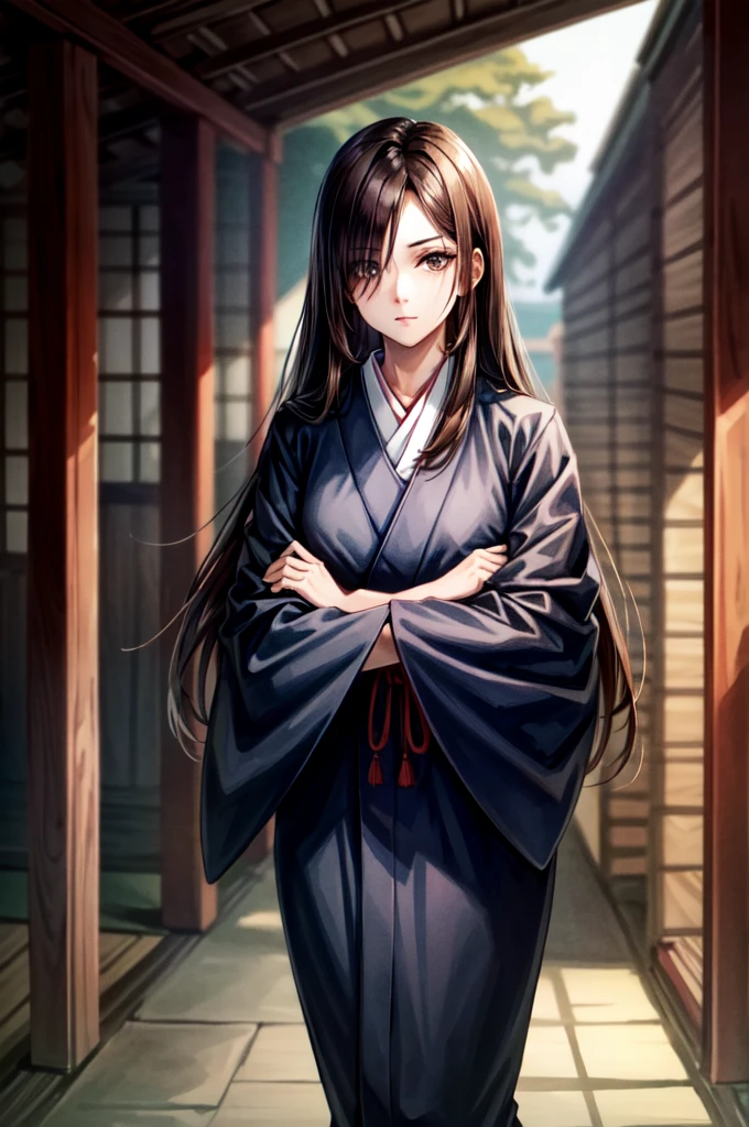 One adult female, wearing black kimono, elegant appaerance, Long Hair, brown hair, black Eyes, hollow eyes, Light makeup, intence bored, tite waist, full body, hair over eye, crossed arms, Inside an old Japanese castle in the background, anime, cinematic lighting, cowboy shot, UHD, retina, masterpiece, accurate, anatomically correct, textured skin, super detail, high details, high quality, award winning, best quality, highres, 8k