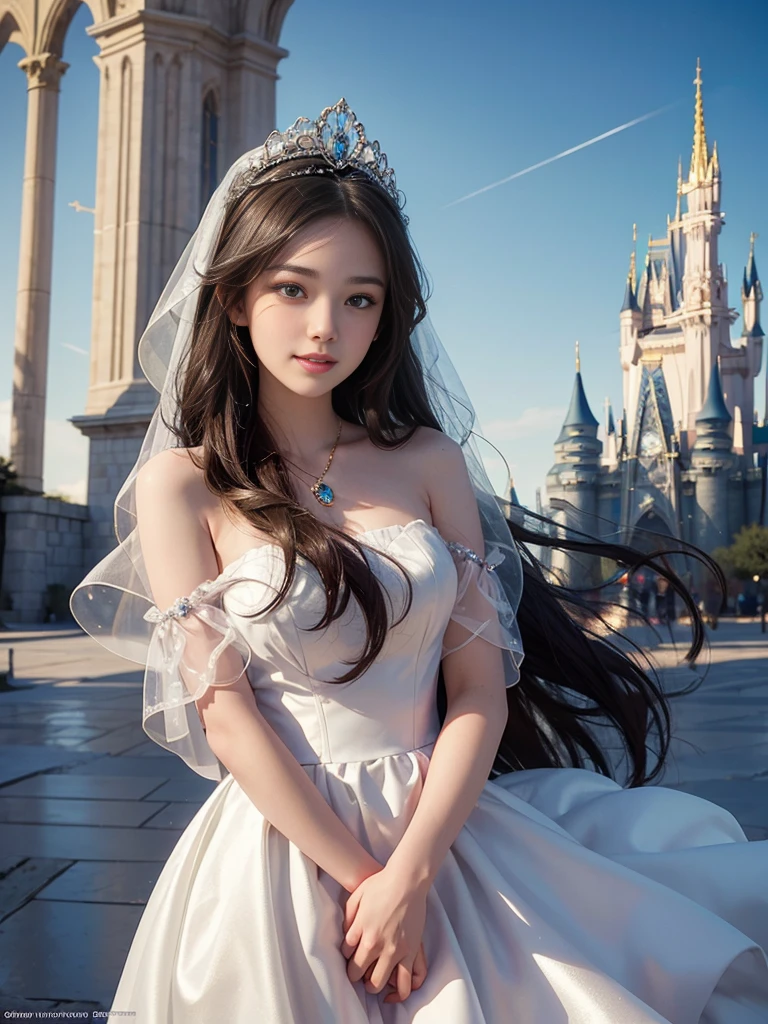 best quality, masterpiece, 1 girl, long hair, A huge laugh, cute , shiny lips, sweet, sun glare, Conservative attire, Disney Snow White, Bridal Tiara, depth of field, blurred background, Cathedral Background, light particles, strong wind, head tilt