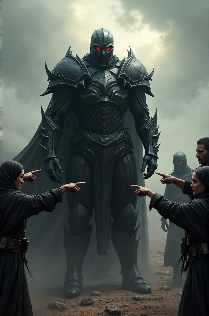 A dark armored overlord, with a fierce look, He stands in a desolate landscape as a group of rebels point their fingers at him., showing fear and defiance. The sky is cloudy, creating a tense atmosphere.