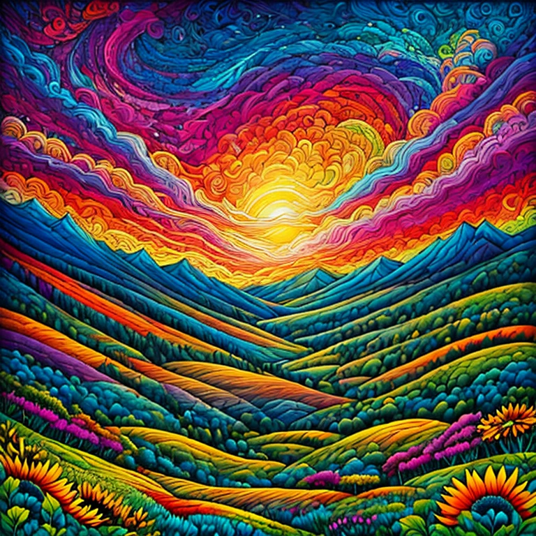 Masterpiece, best composition, dynamic composition, colorful landscape painting with sunflowers, trees and hills, colorful landscape painting, psychedelic landscape, vivid oil painting, vivid abstract landscape, color field painting. 8K, amazing colorful landscape, detailed impasto, colorful oil painting, psychedelic sky, mountains and colorful sun, painted landscape, colorful sky, hills with flowers, big trees on hills, summer day psychedelic, big colorful picture.