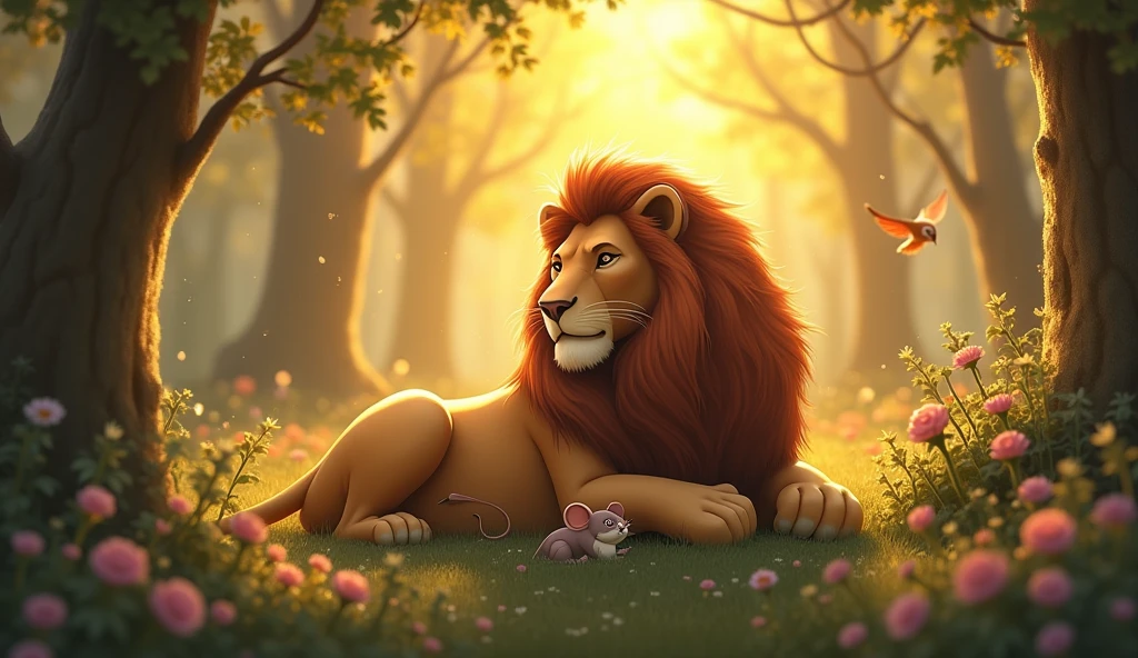 **Lion and Mouse Friendship**:
- **Scene**: The forest is bathed in warm, golden light, indicating late afternoon or early evening. The once ominous forest is now tranquil, with soft light filtering through the leaves, creating a serene and magical atmosphere. The surroundings are lush and peaceful, with flowers blooming and birds singing.