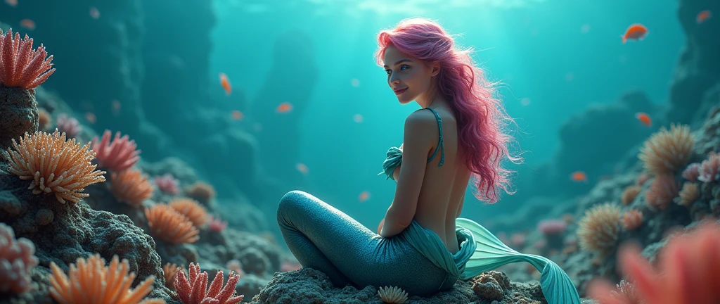 She is the most beautiful of all mermaids with a perfect body and colorful hair, she is sitting on a set of corals looking at the horizon and smiling, It is an ocean full of colorful and diverse corals, she has beautiful purple eyes, she is sitting hugging the tail, She is a young and beautiful girl, your body is super attractive and has beautiful curves, backlighting, backlighting, film grain, clair obscur, depth of field, cinematic lighting, 16K, super detail, uhd, textured skin, award winning