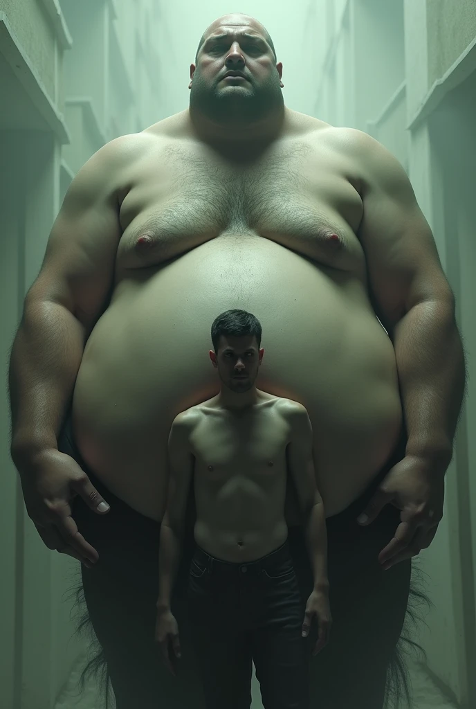 A man wrapped in the belly of a fat man