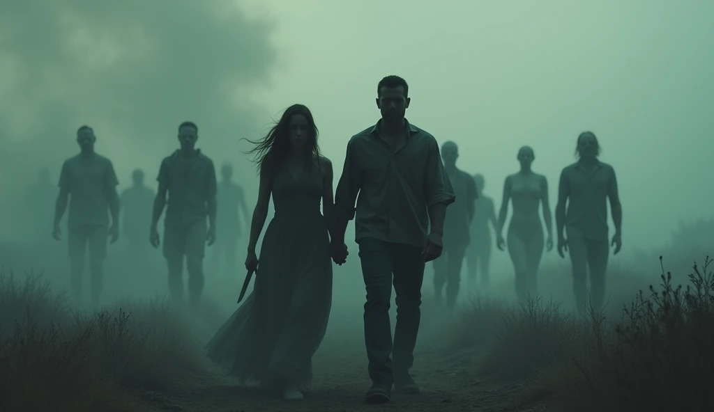 A movie scene of people coming back to life after death to kill their murderers. The land is filled with smoke. In the foreground, mans and womans are standing. The woman is holding a knife. The background is filled with ghostly figures.Less