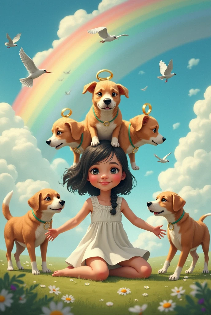 Give me a drawing.
The background have cloud, rainbow and birds
While in the middle there's a girl seating opening her arms welcoming tree dogs  running towards her while there's 3 dead dogs with ring on top of the dog head on her upper head
