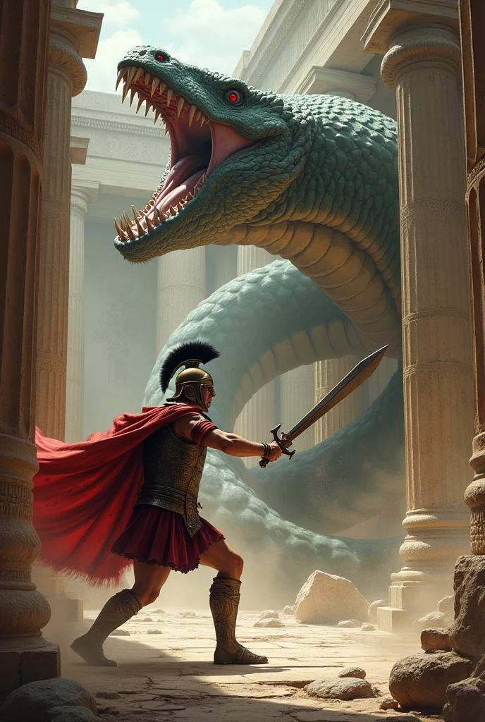 A Roman fighting a large serpent-like beast in a Greek temple