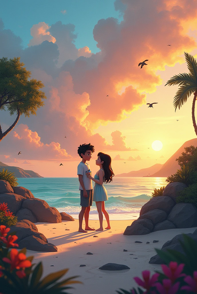 Scene 4: Leo and Lyra BondPrompt: A series of images depicting the growing bond between Leo and Lyra. They are seen sitting together on the shore, laughing and talking, with Leo pointing to constellations in the sky. Another image shows them in the water, with Lyra teaching Leo about the sea, surrounded by colorful fish and coral reefs. The sky is tinged with the pink and purple hues of dawn, suggesting the passage of time as they enjoy each other's company.