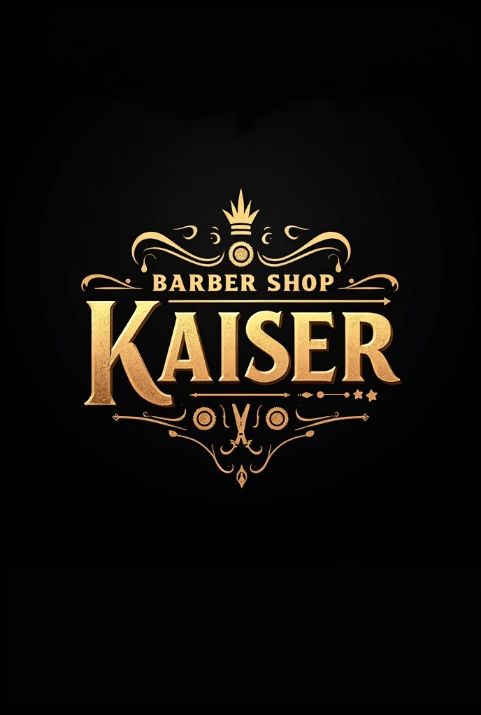 A logo that has the colors gold and black, that has the title Barber shop Kaiser, that is very striking and somewhat technological, that carries barber supplies