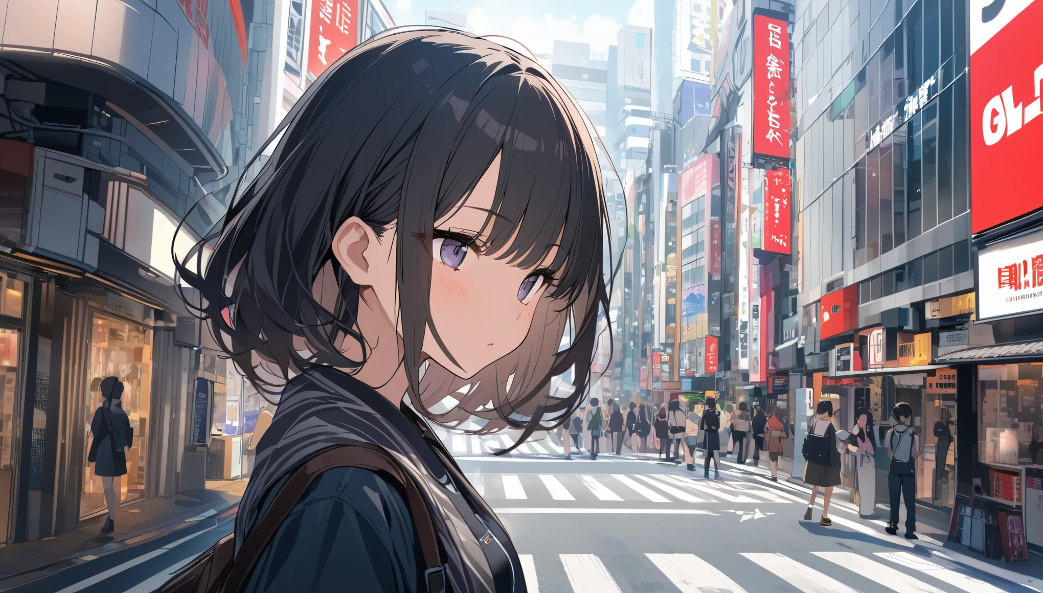 A black-haired woman looking out over Shibuya, Tokyo,Streetscape、listen to music、Japanese