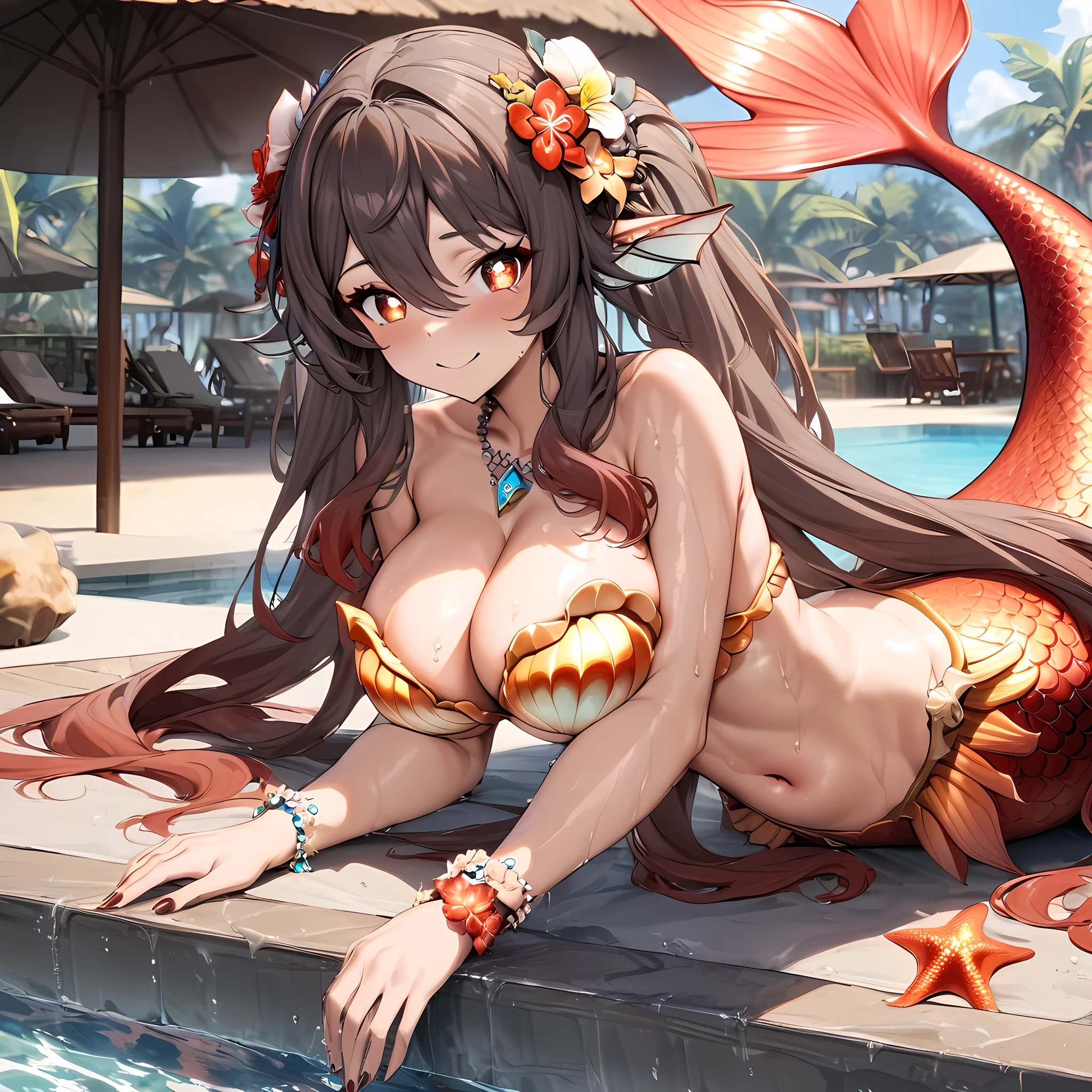 (masterpiece), best quality, expressive eyes, perfect face,1girl,hu tao_(genshin impact),monster girl,mermaid,head_fins, shell, strapless_bikini, fins, seashell, shell_bikini, shell_hair_ornament,(beautiful mermaid tail:1.4),big breasts,cleavage,(brown and orange gradient scales),navel,full body,wet,beach resort,poolside,pointy ears,long hair,(necklace),(strapless shell bikini),smiles,flower bracelet