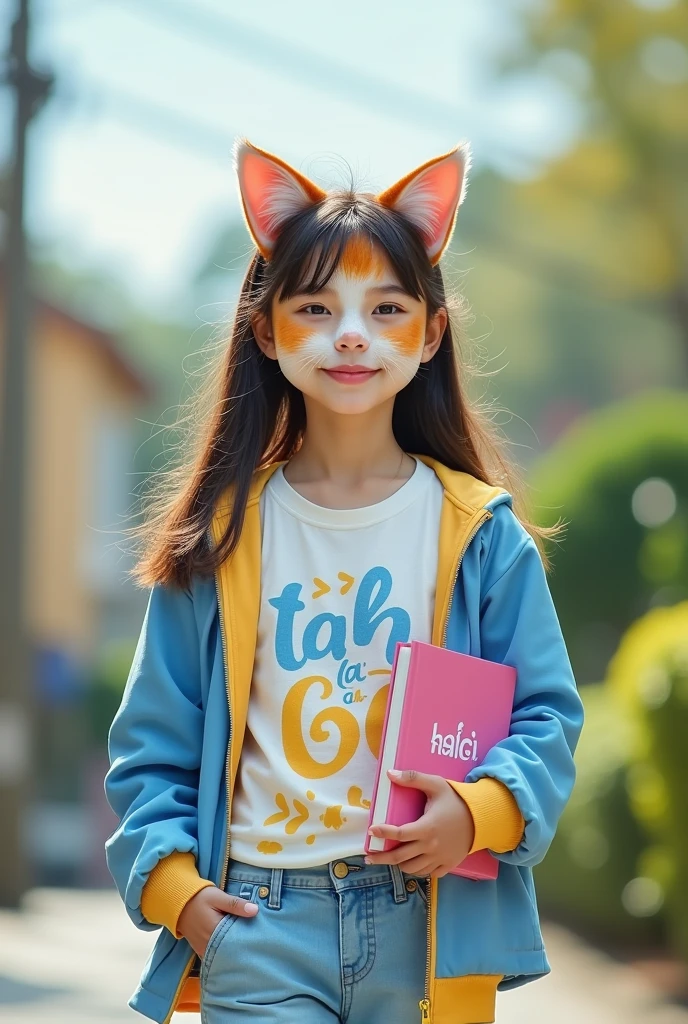 Give me a full body photo of a girl, she wears youthful clothes, personality blue white and yellow, on the clothes there is Vietnamese writing " Nha Dat 369 " , her face is a cute cat face, she is going to see the house, holding the real estate pink book in hand
