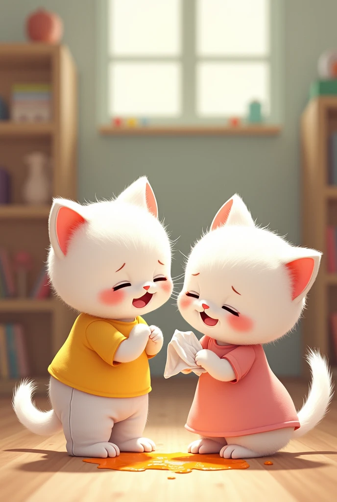 
 A adorable white kitten in a yellow shirt and white pants is mortified after getting orange stains on their pants in school. Overcome with shame, they burst into tears. Luckily, a kind and gentle white kitten in a pink dress comes to the rescue, using tissues to carefully clean the stains and comfort their distressed friend."