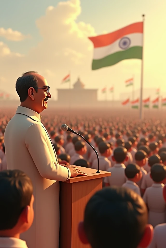 In cinematic 3D cartoon style: Scene: Dr. Ambedkar is giving a speech in front of a large crowd after the Constitution is adopted. The setting is an open ground with the tricolor flag flying high. Ambedkar stands at a podium, speaking with conviction, while the diverse crowd listens intently. His expression is one of determination and fulfillment, as he shares his vision of a society free from discrimination. As realistically dr ambedakar face
