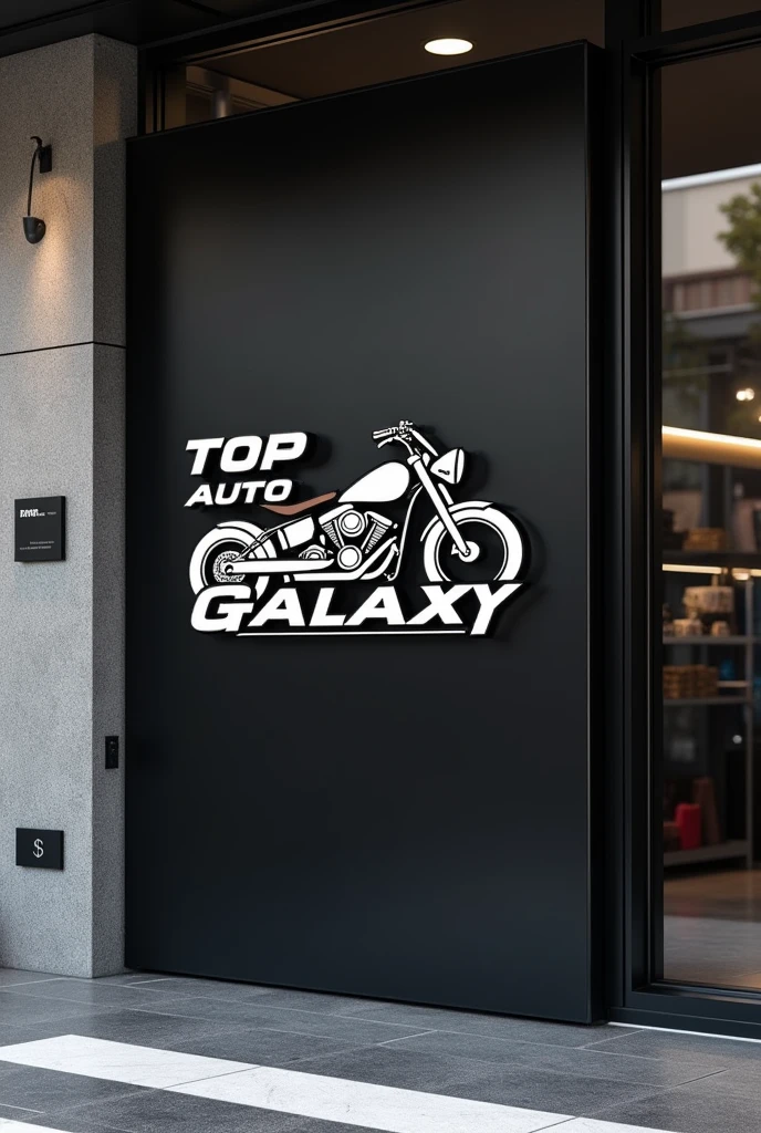 Make a board for my shop. The name is TOP AUTO GALAXY. The board should be black ACP board and font should be white. Make a bike within these words