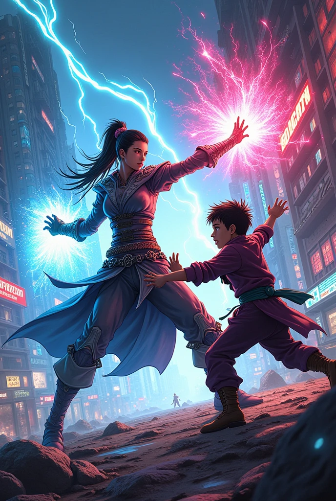 Mage girl Vs martial art boy (manga panel)