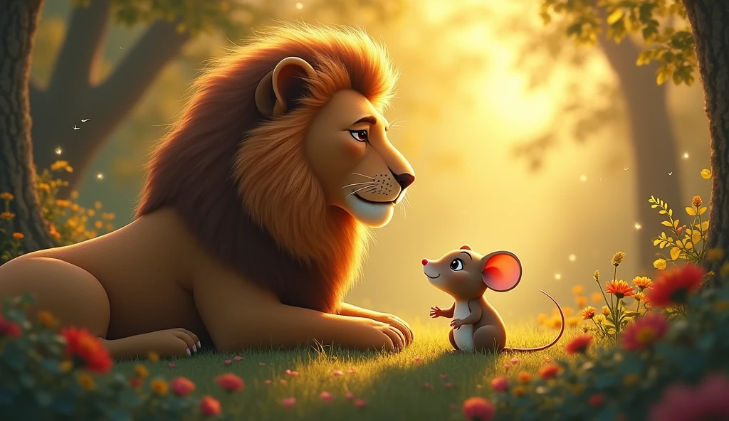 **Lion and Mouse Friendship**:
- **Scene**: The forest is bathed in warm, golden light, indicating late afternoon or early evening. The once ominous forest is now tranquil, with soft light filtering through the leaves, creating a serene and magical atmosphere. The surroundings are lush and peaceful, with flowers blooming and birds singing.