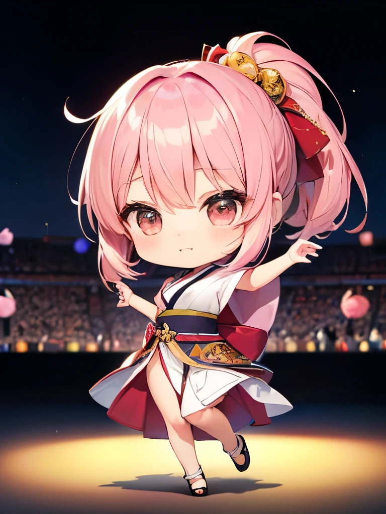 (((Dance Band)))、Pink-haired chibi character、A beautiful depiction using tens of thousands of colors、masterpiece、Ultra HD、super high quality、8k、(((ミキシングしながら踊ってるPink-haired chibi character)))、A delicate and cool sari-style outfit combined with a Japanese festival theme