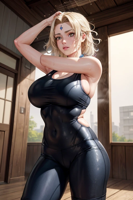 masterpiece, Highest quality,  (Unreal Engine), reality, Super Resolution,  Very detailed, Complex, colorful, Clear images, Sharp focus, Digital Blending, 

One Woman, Senju Tsunade, Tsunade, Forehead mark, Blonde long straight, Big Breasts, Saggy breasts, Butt, Perfect Eyes, Perfect Face, Ultra detailed hair, Ultra detailed face, Very detailed lips, Vivid expression, Healthy Body, Beautifully detailed sweat glands, Smooth skin texture, Carefully drawn,

((humidity:1.8), Sticky with sweat), (Wear a tight yoga suit, Bold and sexy yoga poses ,In hot yoga, sweat makes the yoga suit transparent.),  

indoor, hot yoga studio, (Shot on Sony α9, Dynamic Angle), Browsing Caution, 