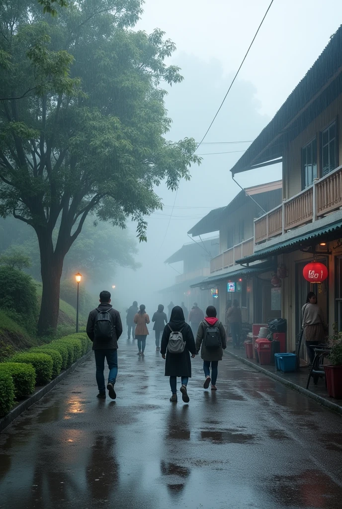 A 9⁰C Baguio, Benguet morning in the Philippines. People wearing clothes dependent on the temperature. Rainy weather with strong winds.