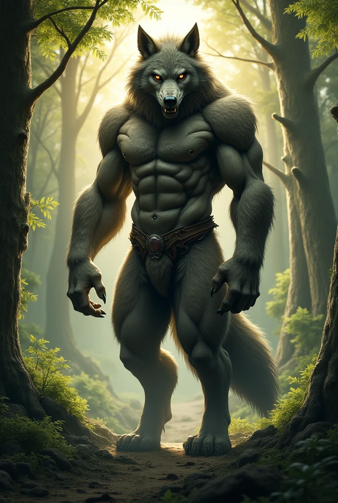 humanoid wolf with fur all over the body.. In a forest. With testicles and penis Bigger testicles. Touching the penis with your hand.