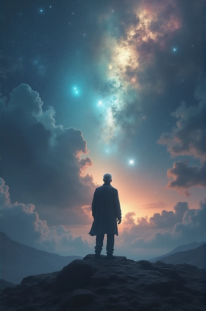 Make a sad man standing in galaxy