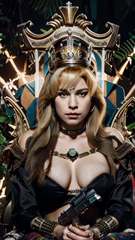 araffe queen sitting on a throne with a lion and a gun, queen of the jungle, lovely queen, official artwork, beautiful queen, album art, on her throne, harley queen, hq artwork, queen of warrior, killer queen, by Elena Guro, promo art, goddess queen, portrait of queen, queen and ruler of the universe, emma bot queen