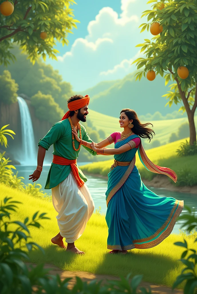 Indian village man 4 years with thala paga and white gochi green shirt and long shirt with girl in blue saree seperate at 4 feet distance both are happily dancing in green and light yellow fields waterfall mango tree on small canal