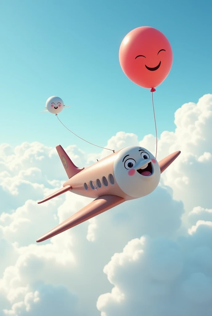 A smiling plane and a smiling red balloon playing in the sky.