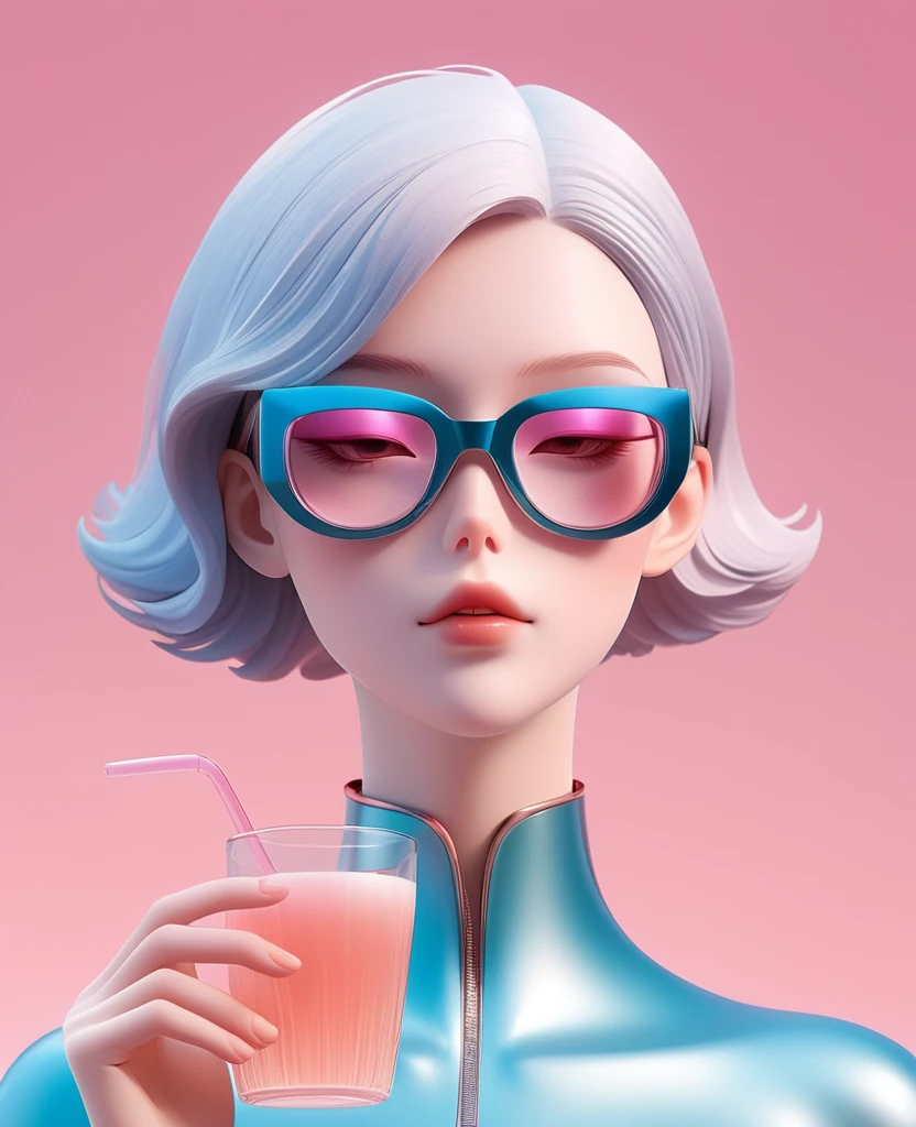 3D illustration of the upper body and face of an AI model wearing futuristic glasses, Stylish glasses with a drink attached，gradient background, pastel color palette, Pink blue, Simple, Cold metallic texture, surrealism,