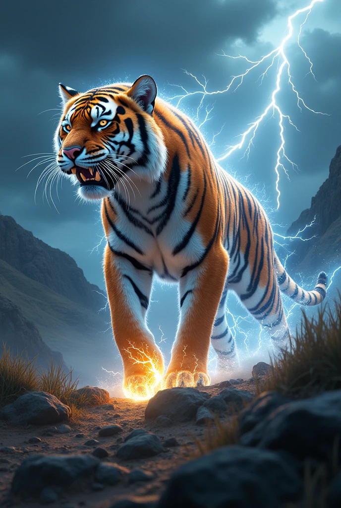 Give me an image of a tiger combined with lightning to create a tiger that is discharging electricity, The surrounding landscape is hills and thunder, sharp and detailed 8K images
