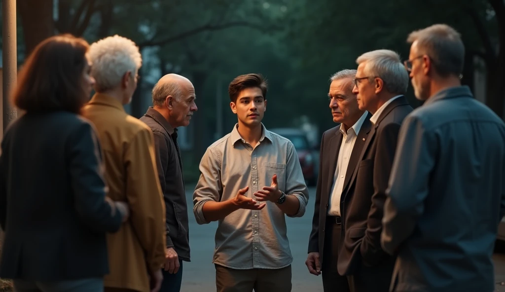 Create A 18 boy try to talking with middle age peoples in which 2 females and 4 males who standing Infront of his , the boy opening his hands and try to explain something, background is a normal road, little dark theme , 8k very ultra realistic