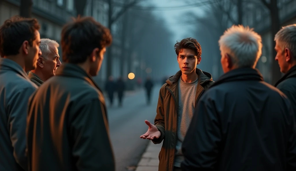 Create A 18 boy try to talking with middle age peoples in which 2 females and 4 males who standing Infront of his , the boy opening his hands and try to explain something, background is a normal road, little dark theme , 8k very ultra realistic