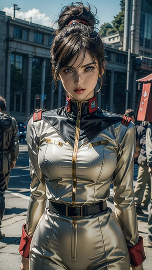 ((Beautiful Face:1.2)), ((Detailed face:1.2)),(Purelos Face_v1: 1.0), Half Body,masterpiece,( Highest quality:1.2),(realistic:1.4), ultra-realistic, Ultra-detailed, 8k resolution, RAW Photos, Sharp focus, (one person), alone, Gorgeous face, Perfect body, Mature Woman, Age 25, (( Earth Federation Army Uniform:1.2)), sexly, Large Breasts