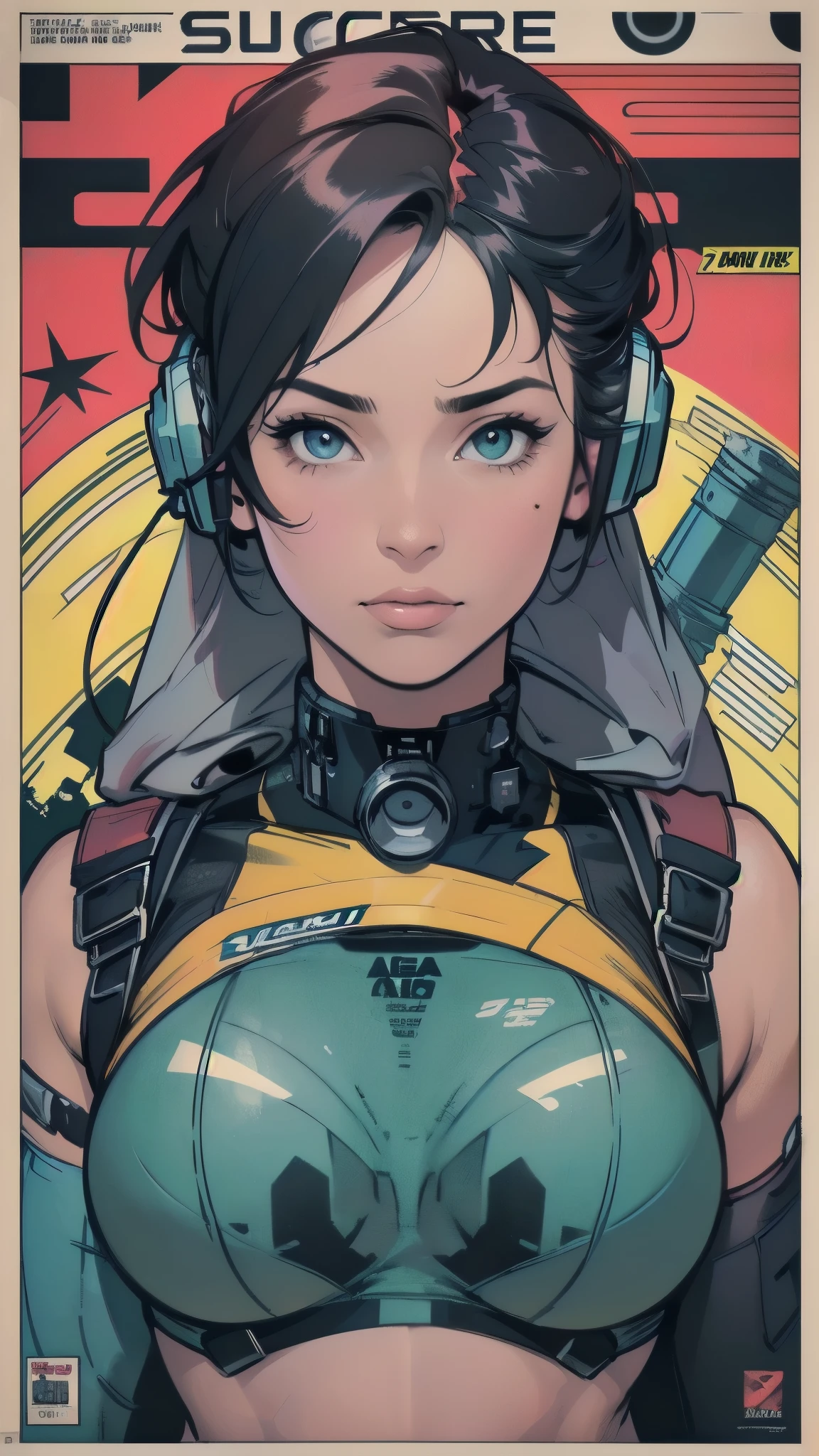 (((ultimate best quality))),((((solo:1.2)))),((((1girl:1.2)))),((((beautiful perfect woman)))),(((detailed perfect body, detailed perfect finger))),((((((ultimate spacethriller movie poster)))))),(((bust up, close up))),(((((American comics))))),(((extreme highlights))),(((Extremely colorful, primary colors))),cleavage, super beautiful lady,(((((typography))))),(((text))),(((((looking up or looking down))))),(((((speech bubble))))),(((((Absolutely simple background))))),(((Texture for people : grunge)))(((((most complecated futristic machine))))),(Colorful color scheme),(((detailed unlimited complete equipment : headphone like a rail gun))),