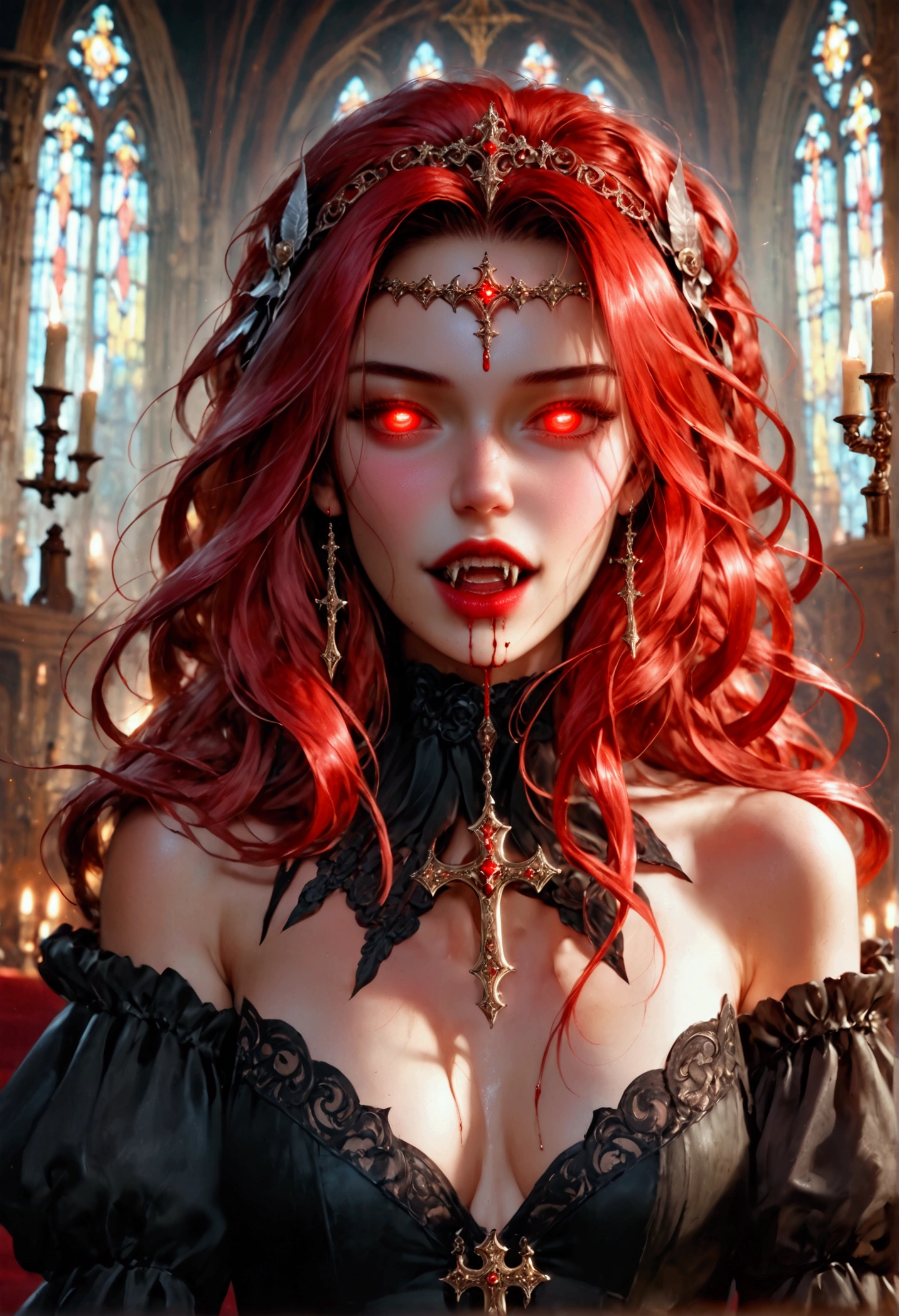 Arafed, dark fantasy art, glamour shot, award winning shot, photorealistic, a portrait of a female vampire drinking a ((glass of blood)), red hair, dynamic hair style , long hair, red lips, (glowing eyes: 1.5), dynamic eye color, dynamic color, she wears, an elegant (black dress: 1.5), catholic church and altar background, bar background, 16k, ultra detailed, masterpiece, best quality, (extremely detailed), rpg portrait, art by mooncryptowow, photograph, oil pastel, vampire teeth