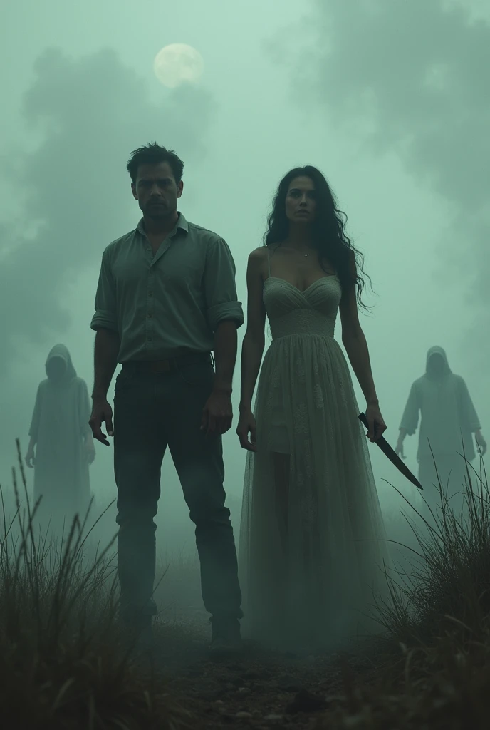 A realistic scene of people coming back to life after death to kill their murderers. The land is filled with smoke. In the foreground, mans and womans are standing. The woman is holding a knife. The background is filled with ghostly figures.Less