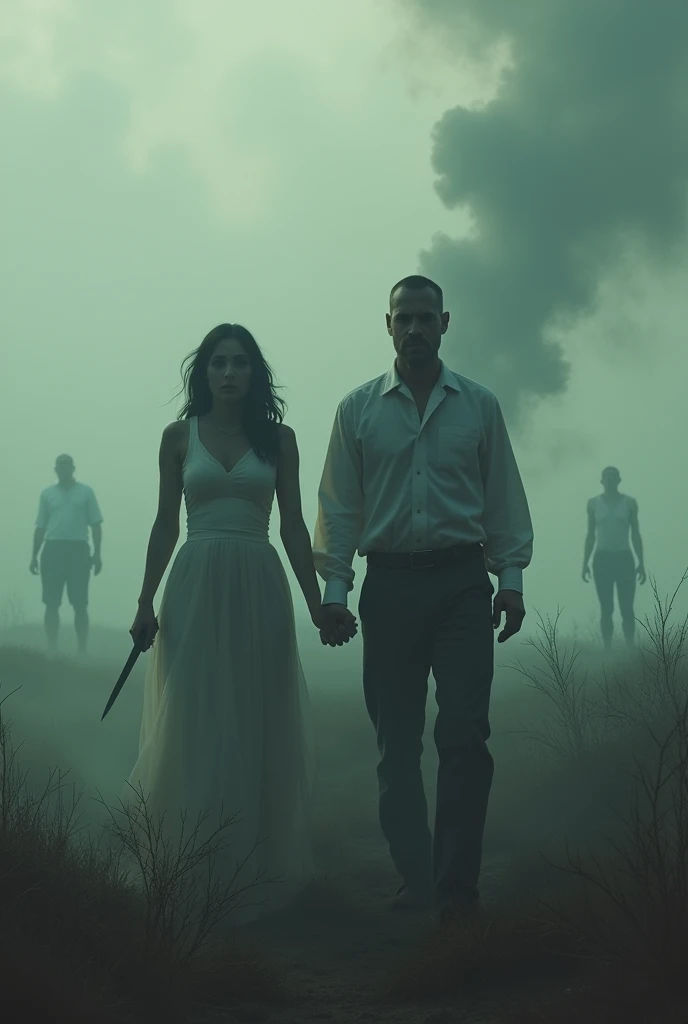 A realistic scene of people coming back to life after death to kill their murderers. The land is filled with smoke. In the foreground, mans and womans are standing. The woman is holding a knife. The background is filled with ghostly figures.Less
