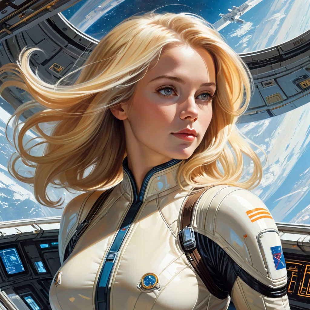 ((Beautiful woman, realistic shoulder-length blonde with flowing hair)), weightless & floating in the middle of a huge space station (photorealistic), the light outlines her curves,(((Transparent Seamless Combination))), (Style-Glass), (()), HDR, aliased, 8k, ((Syd Mead)), sharp details, ((masterpiece)), (painterly) , (good anatomy), (good proportions), (good composition)