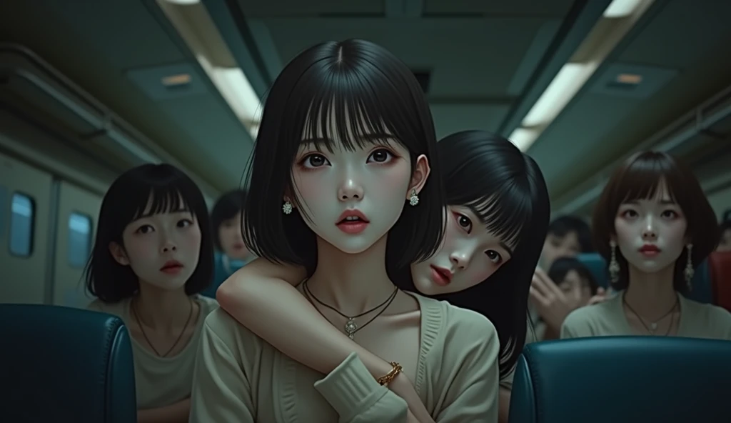 (32K:1.9, Horror depictions:1.9, Highest quality, masterpiece, Ultra-high resolution, Professional random angle camera work:1.5, Very detailedな肌と顔の質感:1.4), Always accurate, Very detailed, bag, (Cute Japanese Woman, Camisole dress and cardigan:1.6, Incredibly slim body:1.3, areola is not visible:1.4, Big breasts on the verge of collapse), ((Crowded train:2.0, Crazy behavior:1.9, in the train、Two young women hugging a woman from behind:1.7)), belt, Fair skin, elegant, sense of cleanliness, Thin eyebrows, (Surprised:1.0, Puzzled:1.0, A look that shows deep contempt for you:1.3, Big eyes that exude beautiful eroticism:0.4, Please open your mouth a little, lipstick, Feel the beautiful eroticism:1.0, Dark brown medium hair), Earrings, necklace, bracelet, romantic, mysterious, Object of admiration, original, dramatic, artistic, Innovative, charm, Heartful, Fancy, Tilt, sense of loss, special, ((exciting, Extreme, sense of openness, suffering, sufferingの表現)), ((Mistakes of Youth, 女性的なcharm))