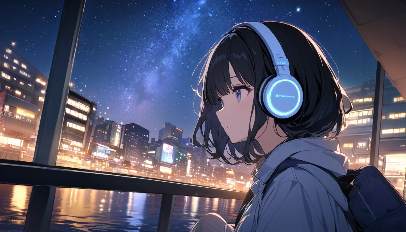 A black-haired woman wearing headphones looks at the night view of Yokohama from the sea,Night starry sky,Streetscape、listen to music、Japanese