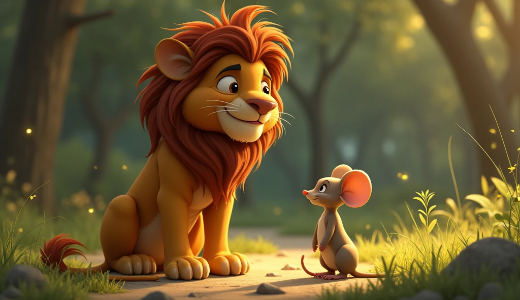 **Lion**: The lion stands proudly yet relaxed, his large paw gently placed next to the mouse. His eyes are soft, and there’s a contented smile on his face, a stark contrast to the earlier anger.