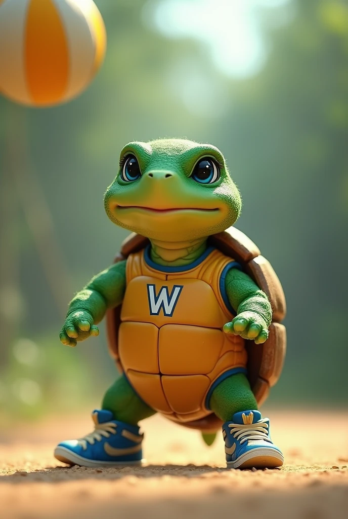 Waku, a gentle and agile turtle, stands on his hind legs in Nike shoes, wearing a miniature volleyball jersey with the initial "w", with vibrant green skin that glows in the soft light, a brown shell that accentuates his athletic physique and piercing blue eyes that sparkle with excitement. while preparing to spike the volleyball