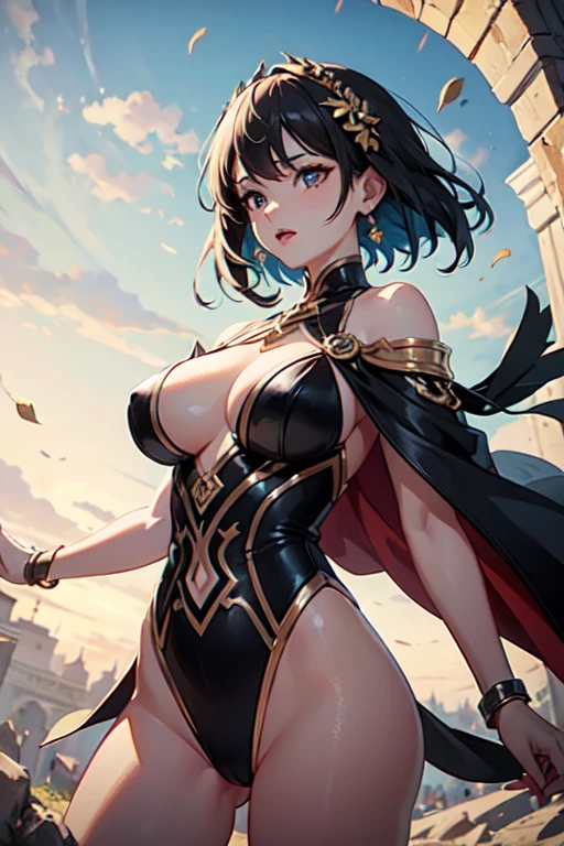 Very detailed, High resolution, Perfect dynamic composition, Beautiful attention to detail, Showing cleavage, Beautiful breasts, Ancient world, Flushed face, Dynamic pose, Natural Lip, Seductive udder, Off shoulder, Anime girl, Waist cape, Flare skirt, Fantastic illumination, Underboob, Pampering gesture, Terrifying sky, Unknown language, Love face, Dancing in the Wind, high detail, masterpiece, accurate, anatomically correct, super detail, high quality, highres, award winning, UHD, 8k, The optimal ratio is four fingers to one thumb, Half naked, Gravure idol, Big Breasts, A mysterious place, A mysterious sky, Flushed face,