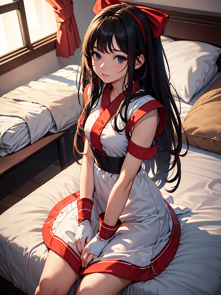 (​masterpiece、top-quality、hight resolution、Unity 8k、extremely details CG:1,Best Picture), ((red ribbon)), hair band, small breasts, fingerless gloves , short sleeves, 'Fine, you can make me [masturbation material]. But please do it here and now.’hotel room, sit the bed