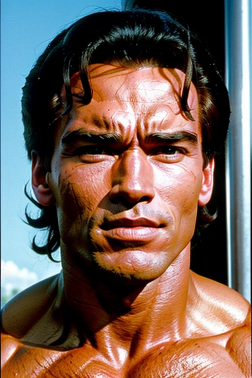 The facial features 《A young Arnold Schwarzenegger from Conan&#39;s time》It&#39;s similar to。Full body portrait。A human-like race called Ogres, characterized by their sharp grey eyes with long vertical pupils.。Age: 2, skin is young、Sunburned skin and many small scars。A wandering warrior with light equipment.。Her hair is a dark brunette with straight waves that reach her shoulders.。He is looking at us with a serious expression.。205cm tall and slender, but with a broad, muscular chest。On his back he carries a great sword that is 160cm long and 25cm wide.。Ancient Relic God of Death and War Crest Necklace。Leather armor with studs。Metal and leather gauntlets。A large belt around his waist with three daggers。Sub-bag。Walking through the ancient city of Troy with three friends。