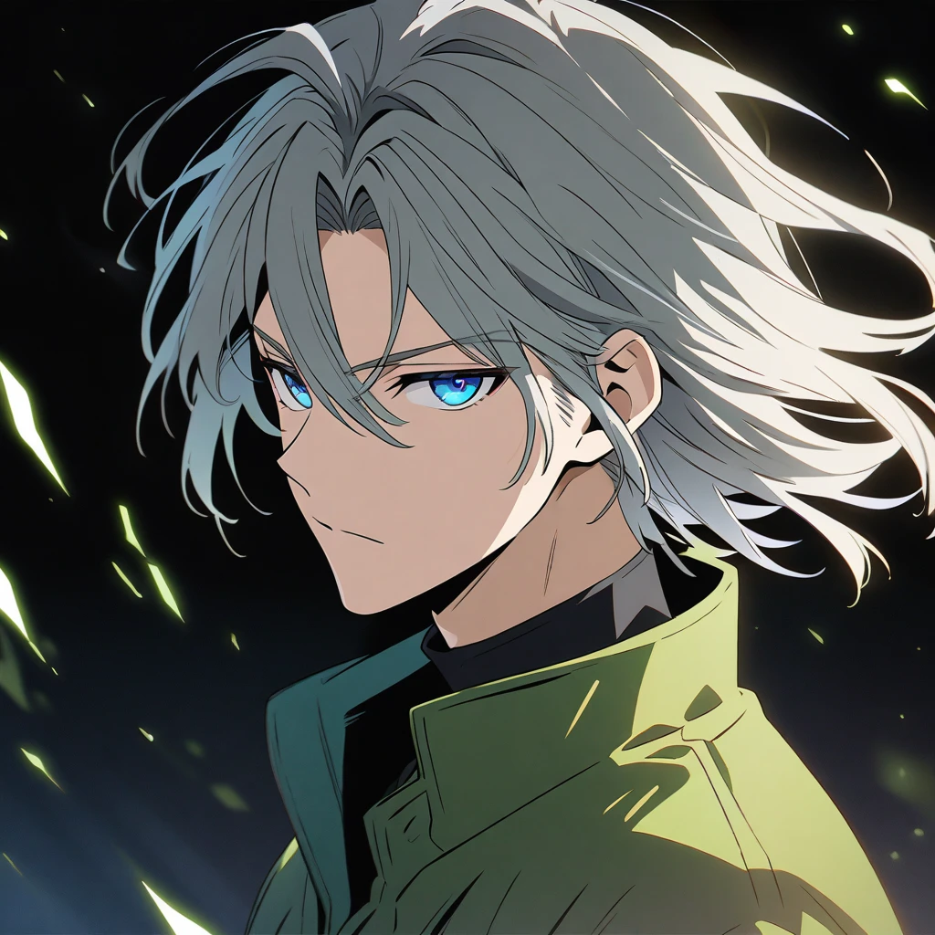 Anime style, Male, Grey hair, Blue eye, Zenitsu hair styles, green outfit, very light green jacket, Boy, Handsome, Illustration, HD, Black background, glowing