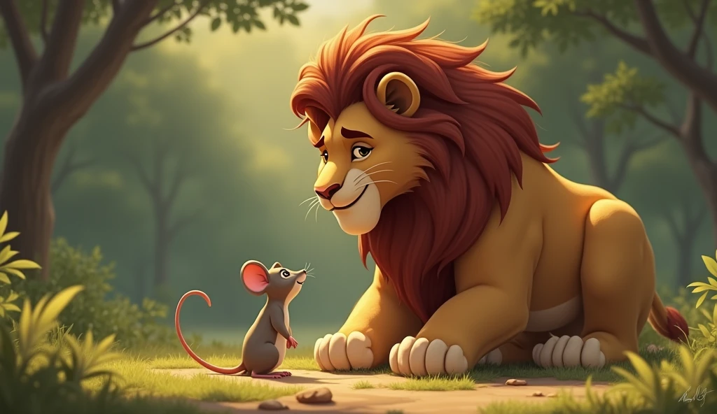 **Lion**: The lion stands proudly yet relaxed, his large paw gently placed next to the mouse. His eyes are soft, and there’s a contented smile on his face, a stark contrast to the earlier anger.