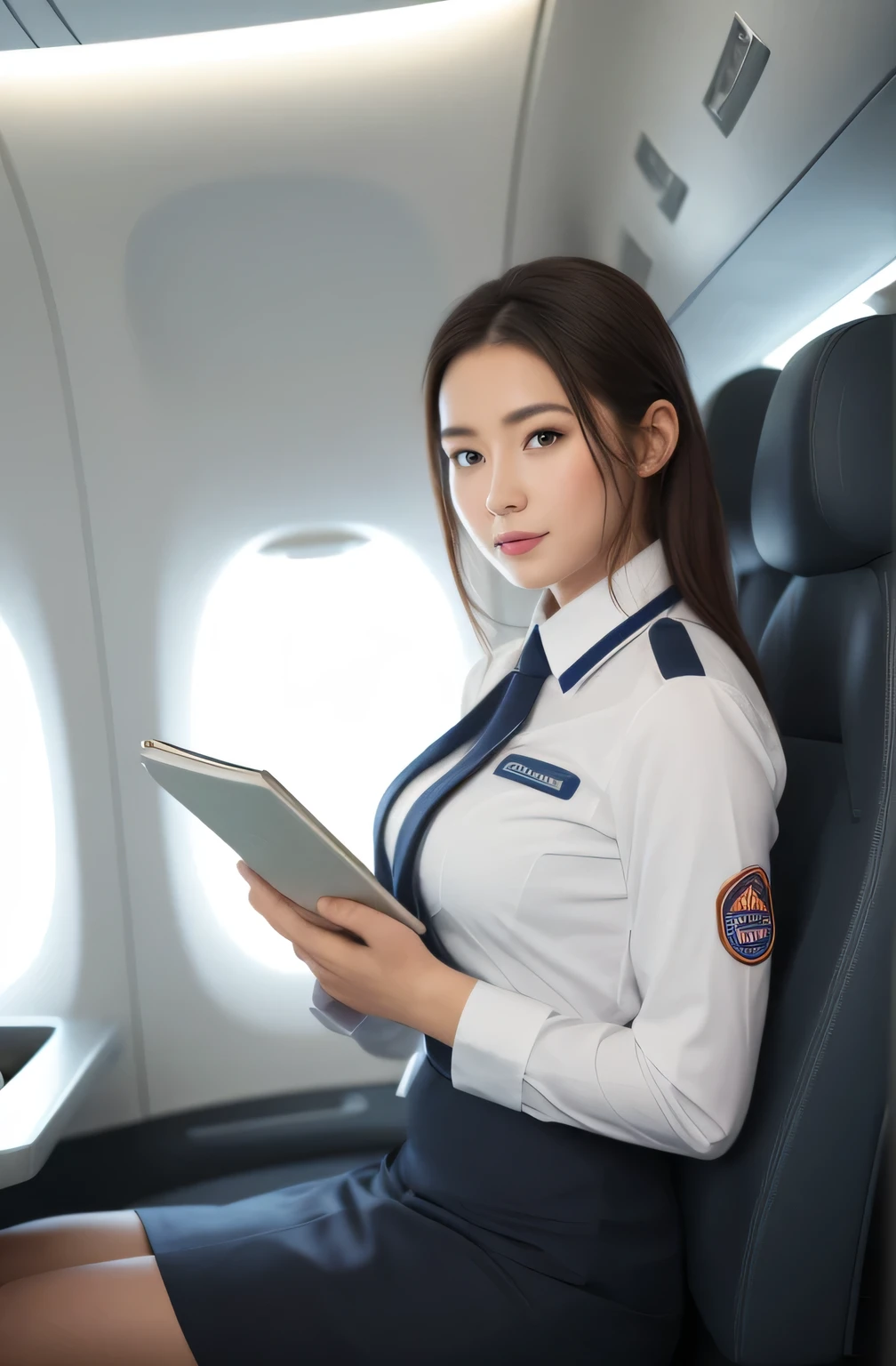 Female flight attendant sitting on man&#39;s lap、The lower half of the body is completely naked、Sitting Sex 、Sit down and insert、Show Mekosuji、、blush、Seduce、High definition、Depth of written boundary、Adult face、Long face、Half-open eyes、blank stare、Troubled expression