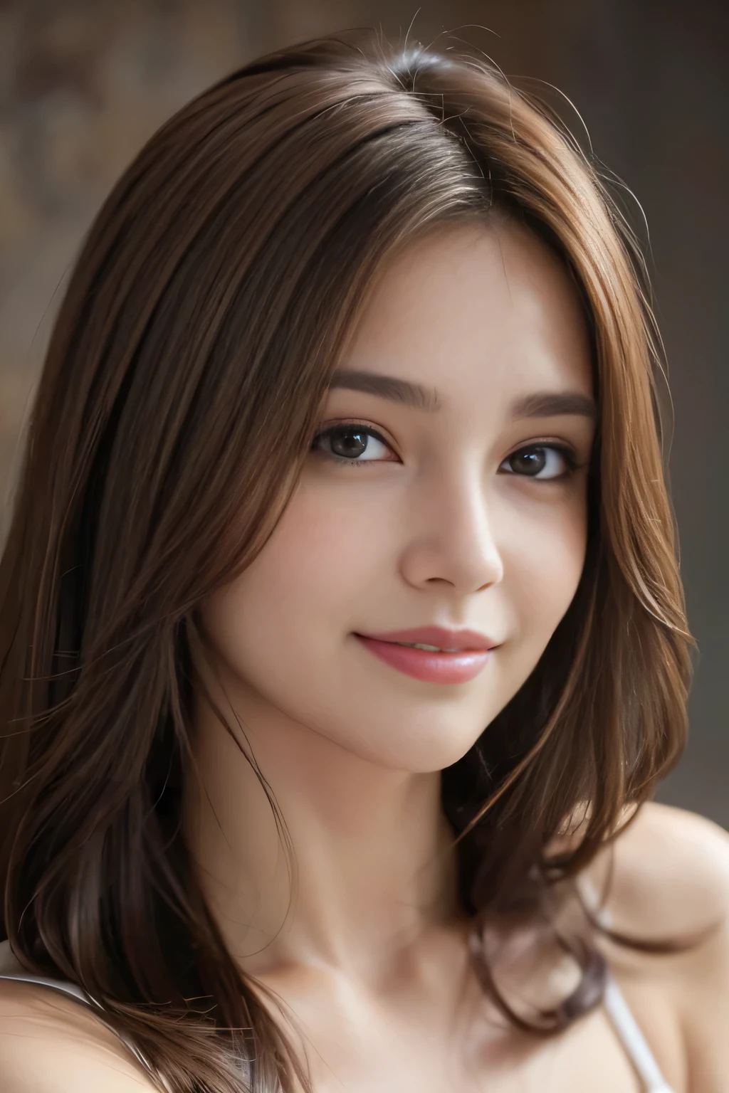 Best quality, realistically, ultra - detailed, Detailed pubic hair, A high resolution, solid color backdrop,8k wallpaper, 1 Beautiful woman,,light brown messy hair, lock focus, Perfect dynamic composition, beautidful eyes, Delicate hair, Detailed realistically skin texture, Smiling, closeup portrait, Model body type