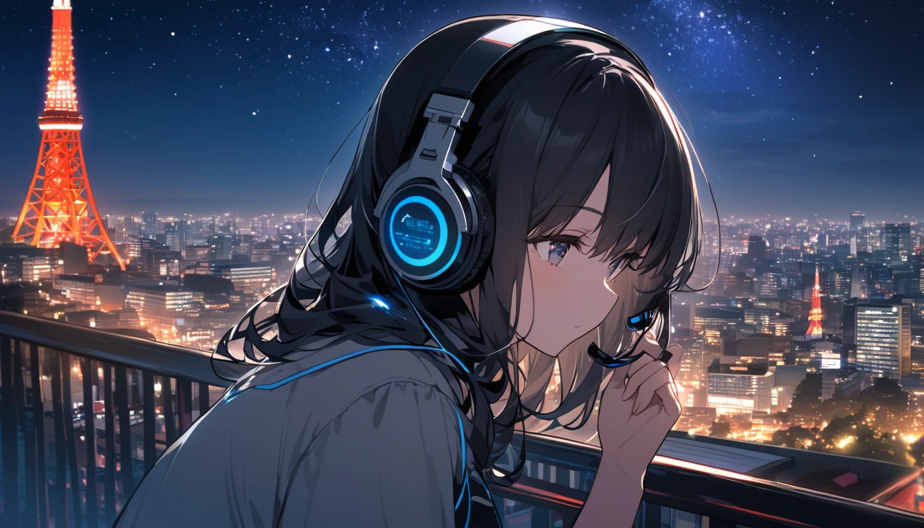 A black-haired woman facing forward with Tokyo Tower in the background,Night starry sky,Streetscape、Listening to music with headphones、Japanese